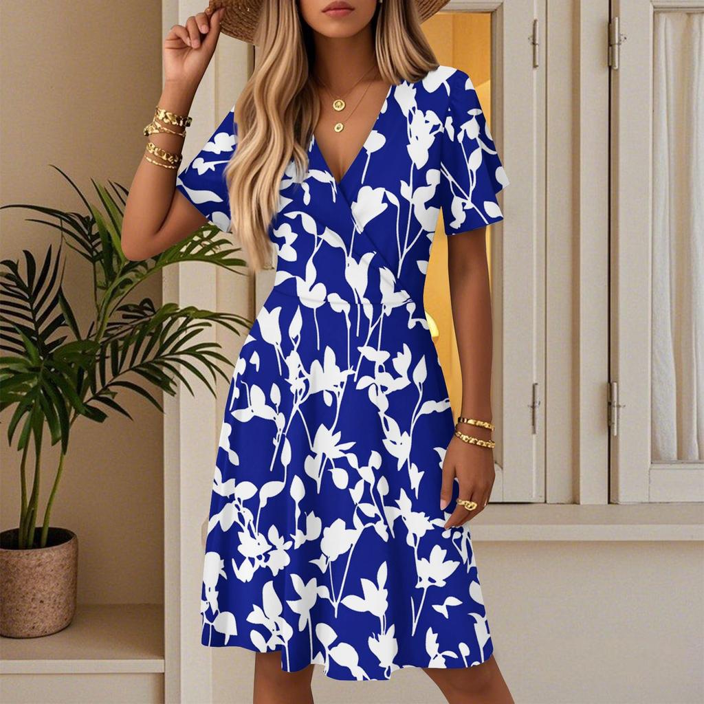 Women's Summer Fashion Leaf Print Dress Casual Beach A-line V-neck Loose Sundress