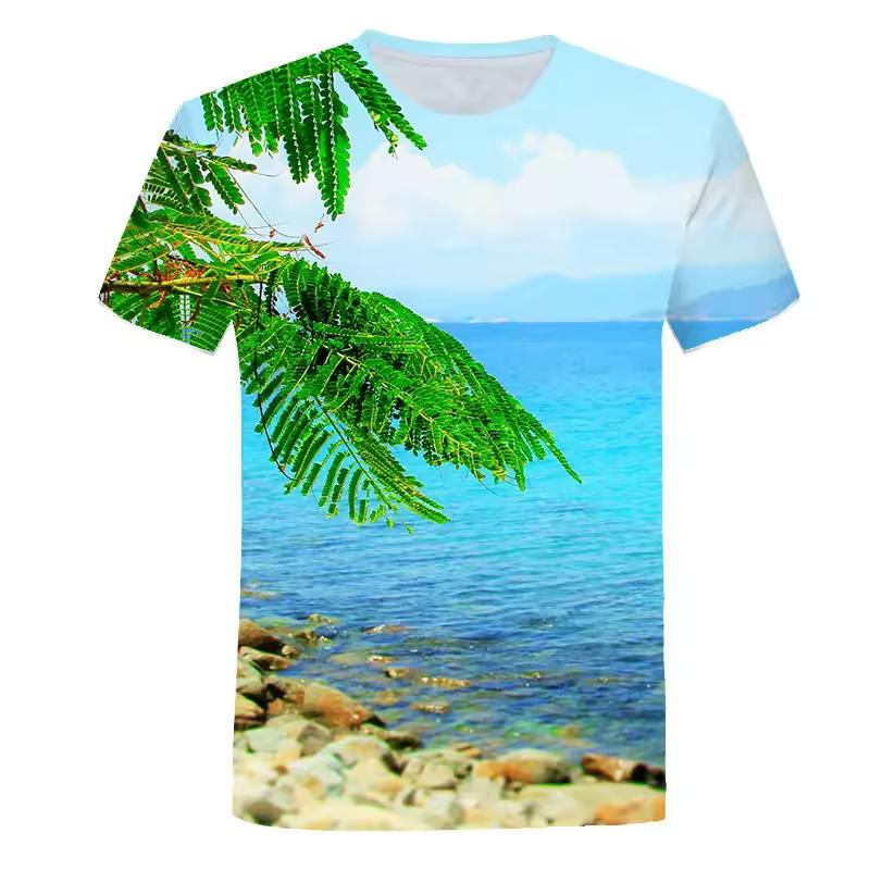 3D Printed Seaside Scenery T-Shirt Men Ocean Beach Pattern Tees Summer Harajuku Loose Round Neck Tops Short Sleeves T Shirts