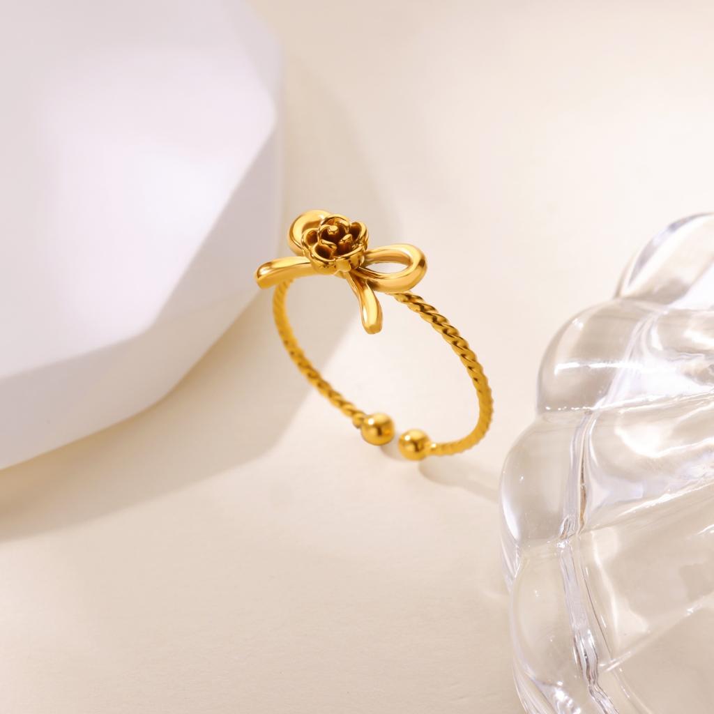 Vintage Cute Rose Bow Rings For Women Girls Gold Color Open Adjustbale Stainless Steel Ring Wedding Aesthetic Jewelry Gifts