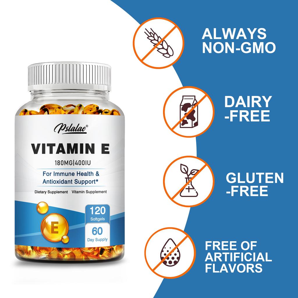 Pslalae Vitamin E 400 IU Capsules - Promote Skin, Supports Immune And Antioxidant Health 120 Capsules