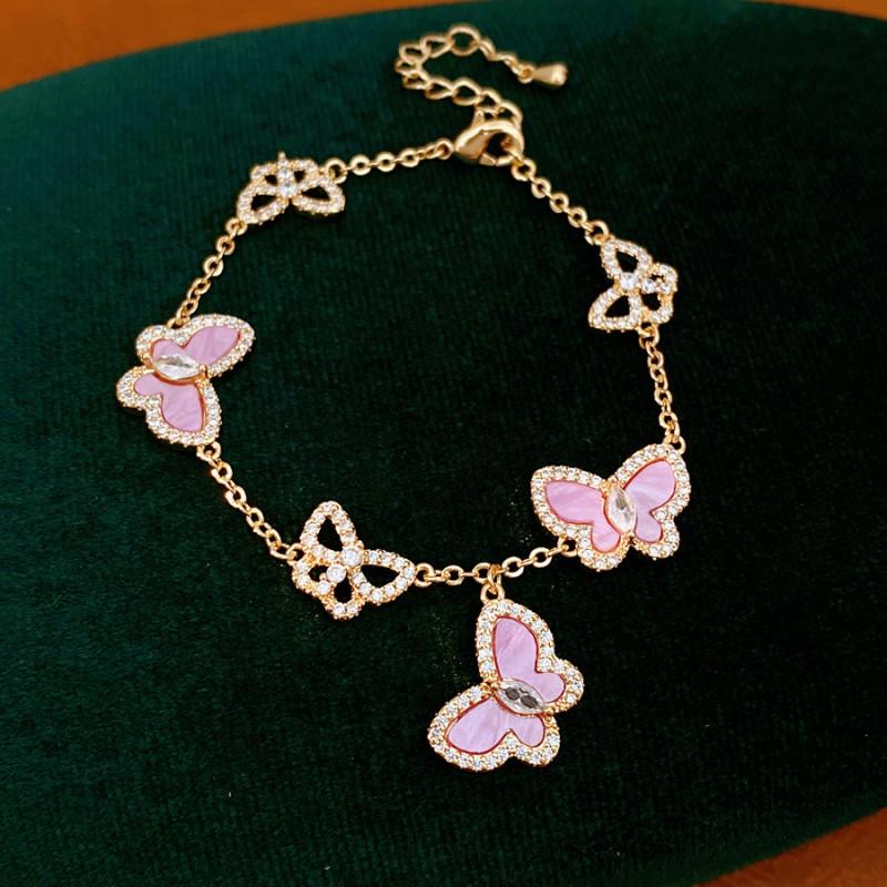 Zircon Butterfly Pendant Bracelet Women Minimalist Chic Sweet Punk Style Gold-Tone Chain With Colorful Accents