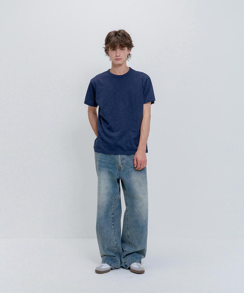 PSSHOPPER [Refurbished] Semi-Crop Slub Vintage Short Sleeve T-Shirt [Navy]