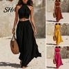 Casual Elegant Two-piece Set Women's 2 Piece Outfits, High Neck Halter Sleeveless Top And Halterneck Twist Crop Wide Leg Pants Matching Set,