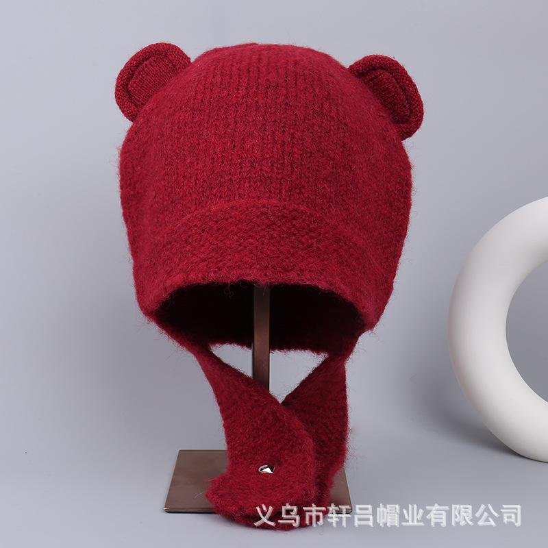 Popular autumn and winter cute bear hat warm and windproof knitted ear hat outdoor versatile and cold-proof wool bald hat