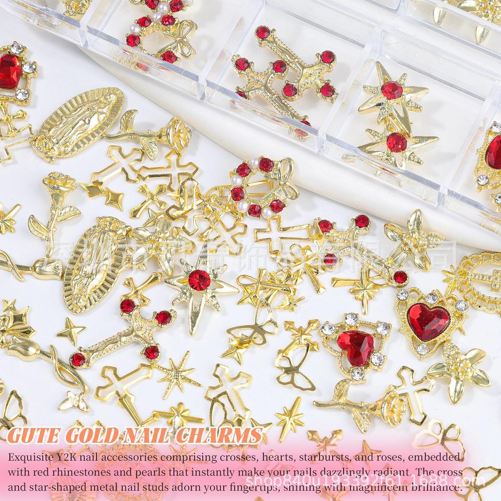 Gold & Silver Rhinestone Cross Metal Flower Nail Art Accessories
