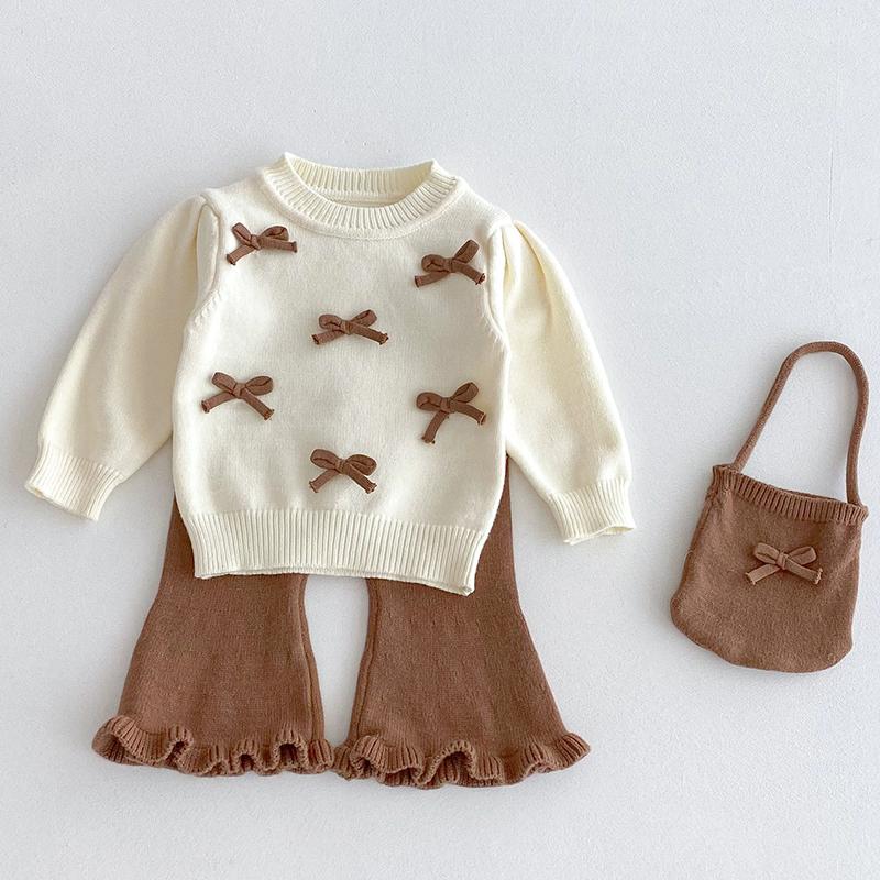 0-24M Baby Girls Knit Suit Fashion Baby Girls Clothing Sets Bow Knit Sweater+Bell-Bottoms Suit 2PCS Infant Girls Knit Tracksuits