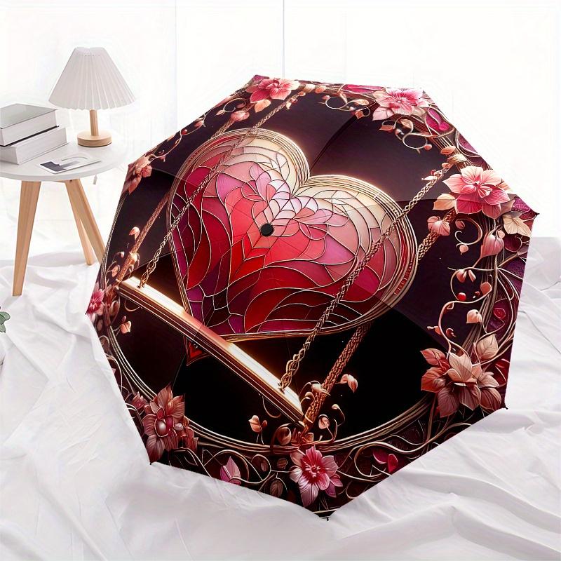 Romantic Heart Swing Wall Art Decor Umbrella, Cute Umbrella with Cute Design, Portable 3-Fold Compact Umbrella for Men & Women, Valentine's Day Mother
