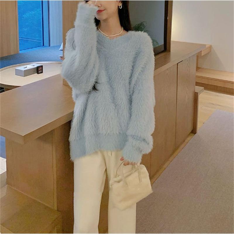 Milk wear imitation mink fleece collar soft waxy knitted sweater top women's autumn and winter new gentle wind sweater women's outer wear