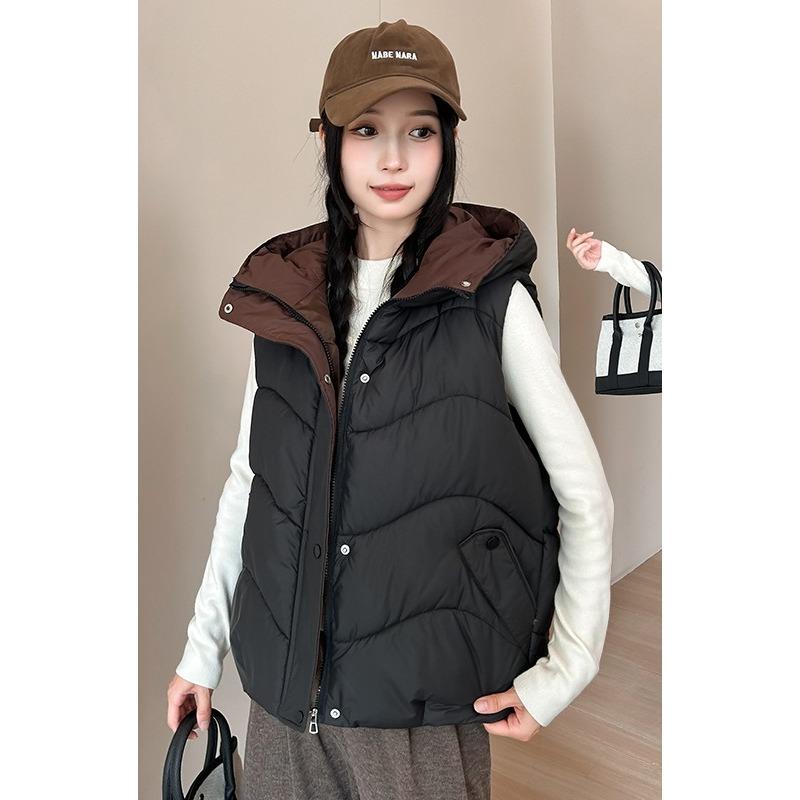 Down Cotton Vest Women's Autumn and Winter New Korean Style Loose Solid Color Vest Hooded Jacket