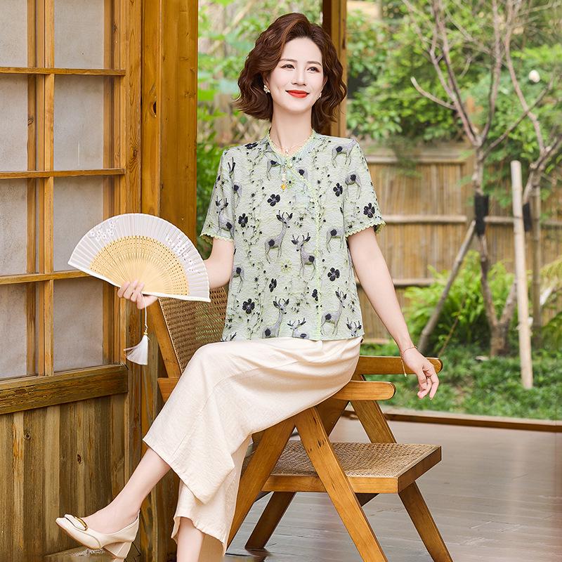 

Mom s Chinese Style Summer T-Shirt & Two-Piece Set for Middle-Aged and Elderly Women - New 2026 Design 5XL (Approx. 145-160 kg)