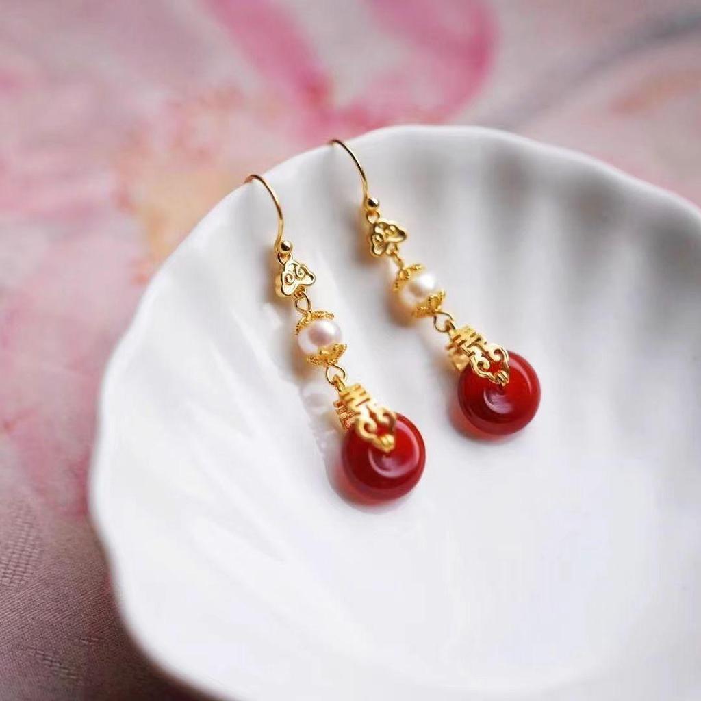 2024 Double Happiness Pearl Earrings: Hanfu Wedding Accessories In Ancient Style with Spring Ear Clips