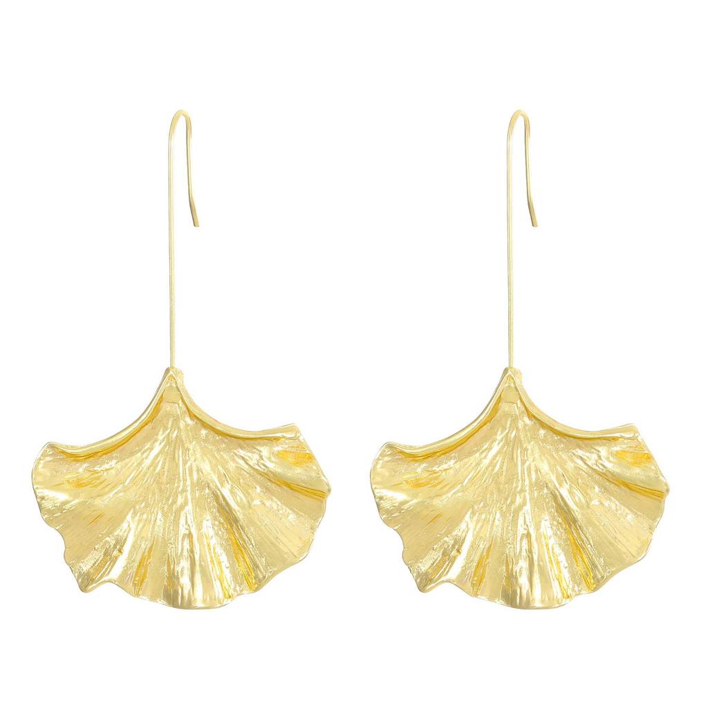 Personalitate exagerată, cercei frunze lungi de frunze de ginkgo cu textura metalică pentru femei