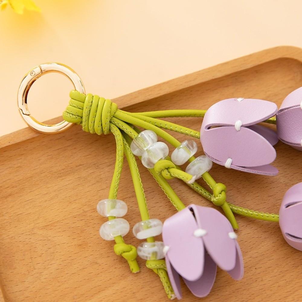 Fashion Multi-color Bag Pendant PU Leather Handmade Flower Key Chain Tulip Flower Keychain Bag Decoration