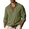 Men's Linen Shirts Long Sleeved Lace Up V Neck Casual Blouse Spring Summer Thin Front Tees Tops Breathable Men Clothing