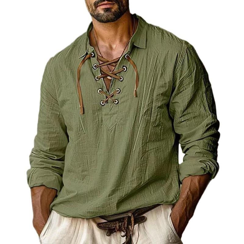 Men's Linen Shirts Long Sleeved Lace Up V Neck Casual Blouse Spring Summer Thin Front Tees Tops Breathable Men Clothing