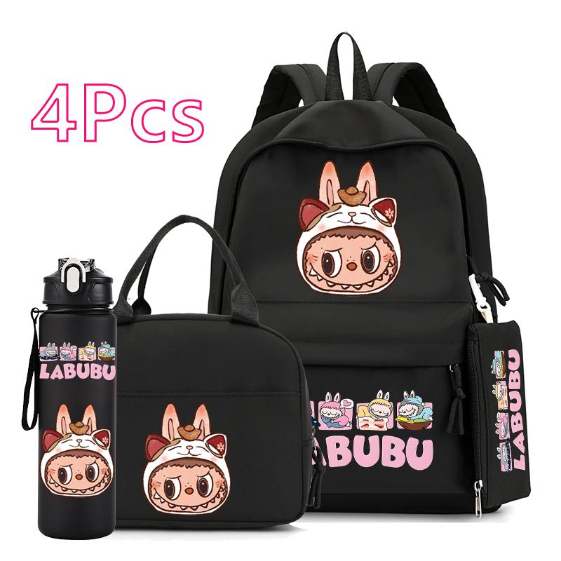 4Pcs/set Cute Anime Printed Backpack 750Ml Outdoor Sports Water Bottle Girl Boy Teen Student Schoolbag Child Kid Large Capacity Bookbag