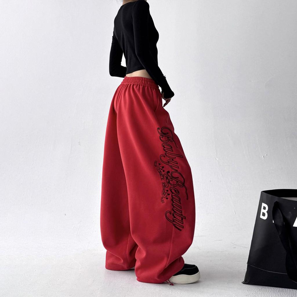 Christmas Red Letter Sweatpants Women Loose Vintage Hip Hop American Pant High Waist Bf Streetwear Pockets Lace Up Wide Leg Pans