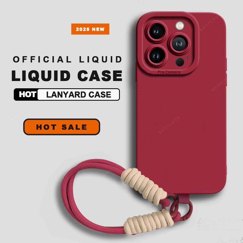 Strap Phone Case For iPhone 16 14 15 Plus 12 13 Mini 11 16 Pro X XR XS Max 16E SE Lanyard Liquid Silicone Protector Soft Cover