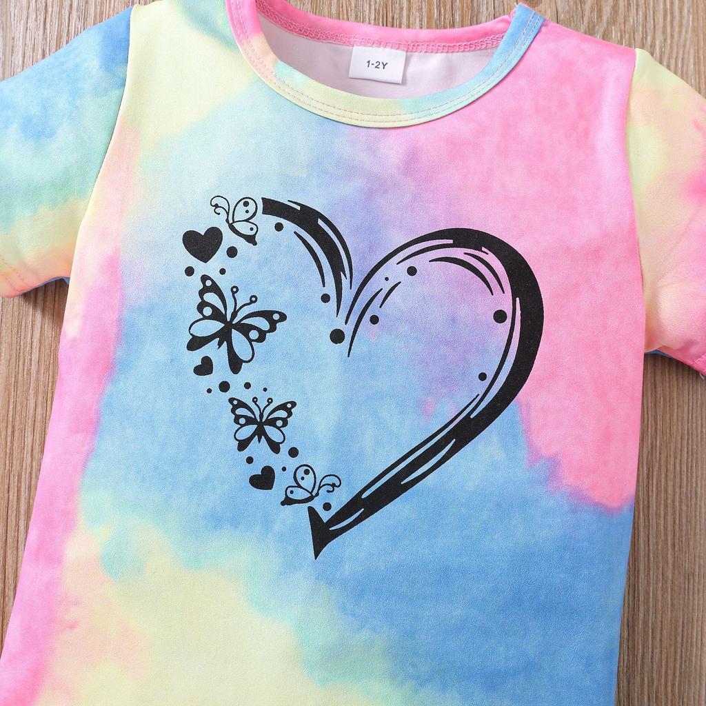 Girls Summer Outfit New Tie Dye Heart Print Short Sleeve Top  Shorts Set Casual Style