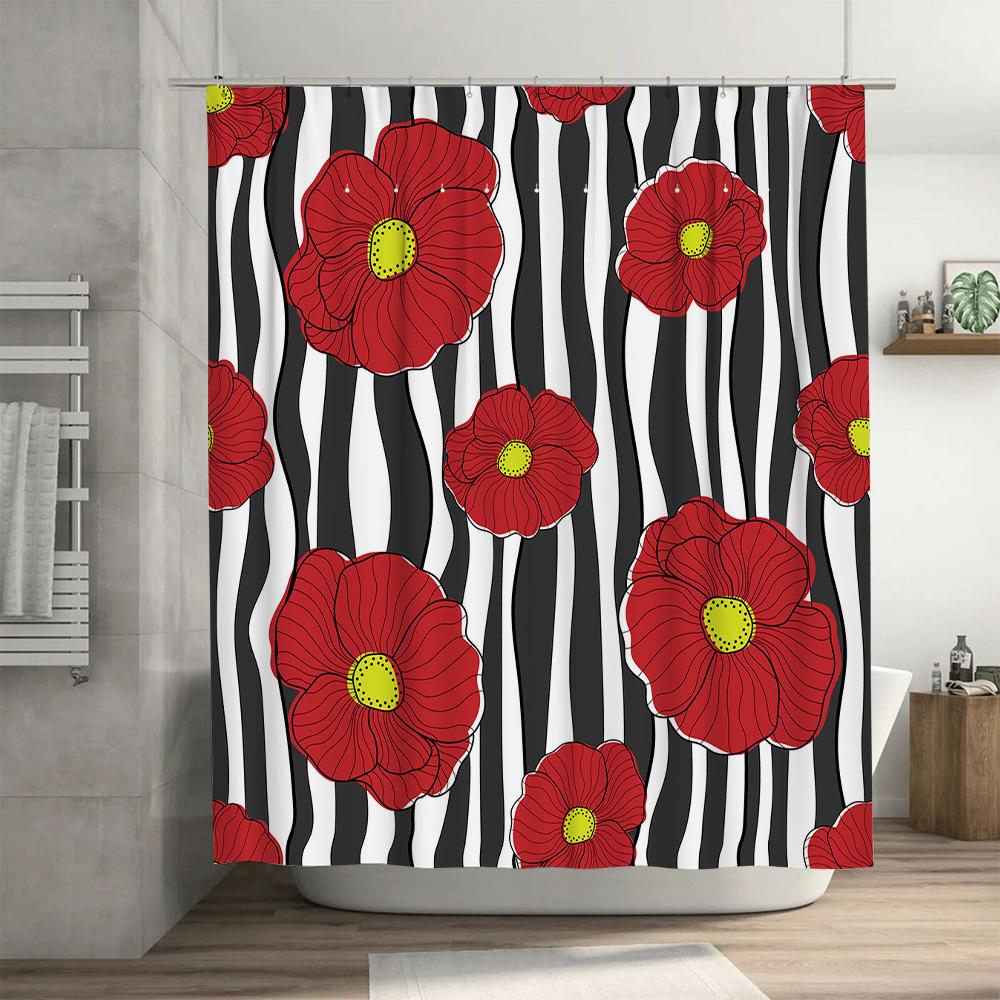 Red Flower Black Striped Shower Curtain Set for Bathroom Decor Modern Floral Shower Curtains with Rings Perfect Gift Ideas (Size
