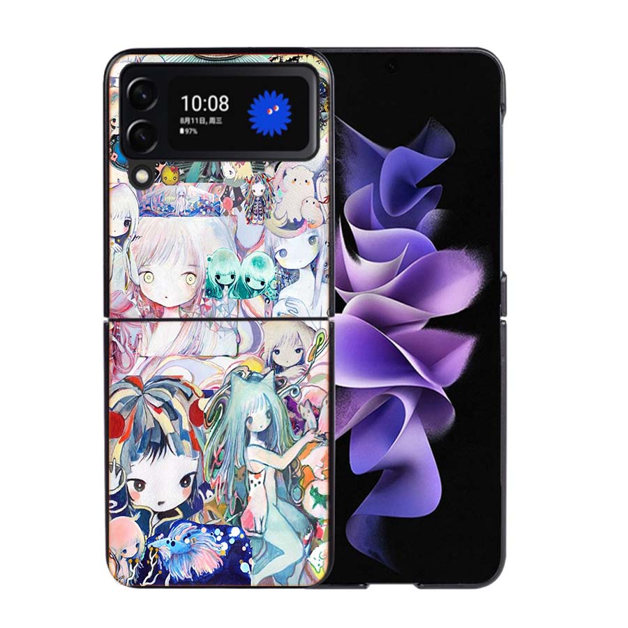 K-KikuoS Art Cute Phone Case For Samsung Z Flip 7 6 5G Galaxy Z Flip4 Z Flip5 Z Flip3 Coque Black Hard PC Shell Protective Cover