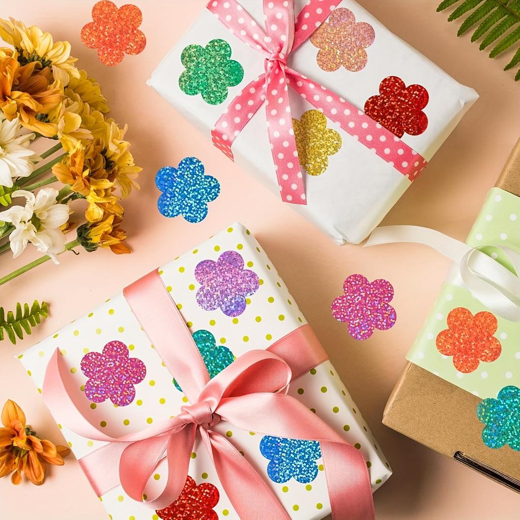500pcs Colorful Laser Flower Stickers - Decorative Sealing Labels for Birthday,Wedding,and Party Favors-Vibrant Paper Craft Tags