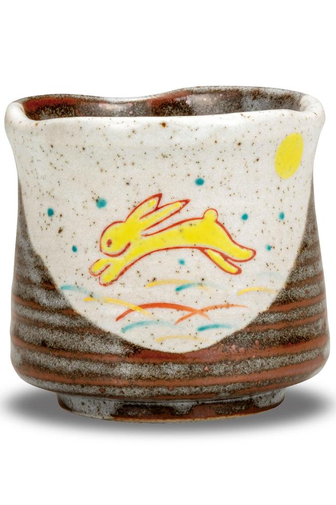 Stylish Kutani ware teacup with a winged rabbit design from Waza no Made in Perfect as a birthday or 88th birthday Kura. Japan. gift, 60th, 70th,