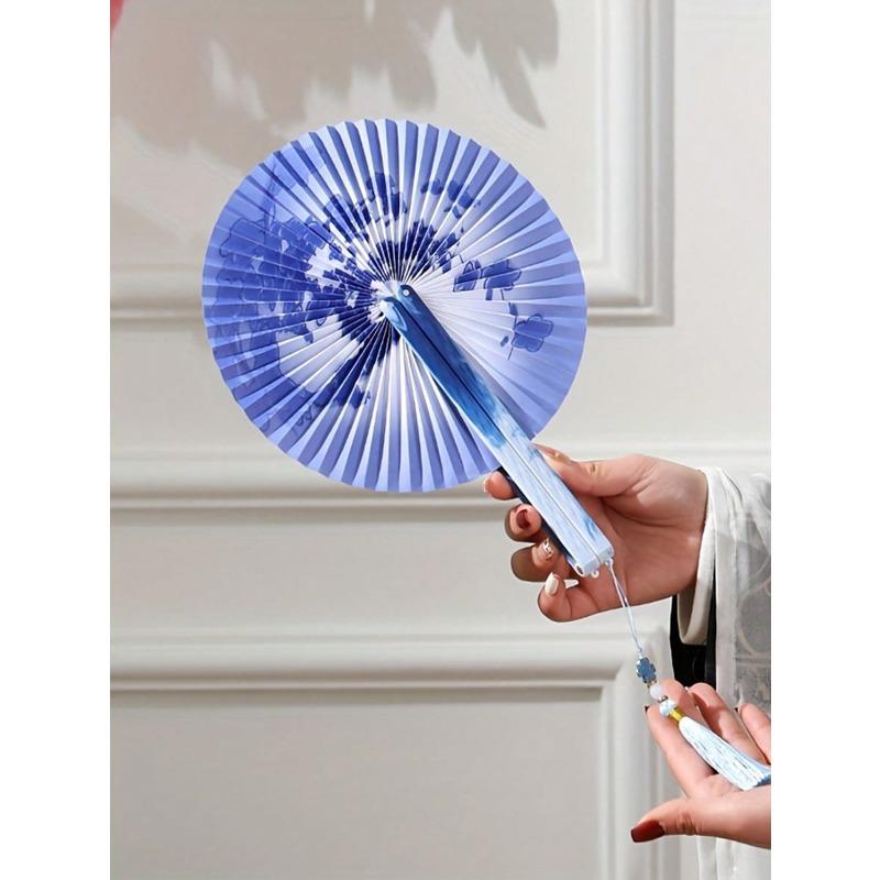Chinese Folding Paper Fan with Tassels - Traditional Floral Design, Lightweight Plastic Portable Fan for Women, Hanfu, Home Decor, Cultural Gift