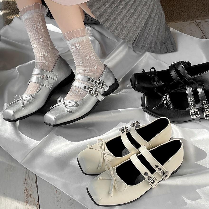 Fashion double buckle belt women flats square toe bowtie mary janes shoes cute lolita shoes soft bottom loafers woman brogues flats