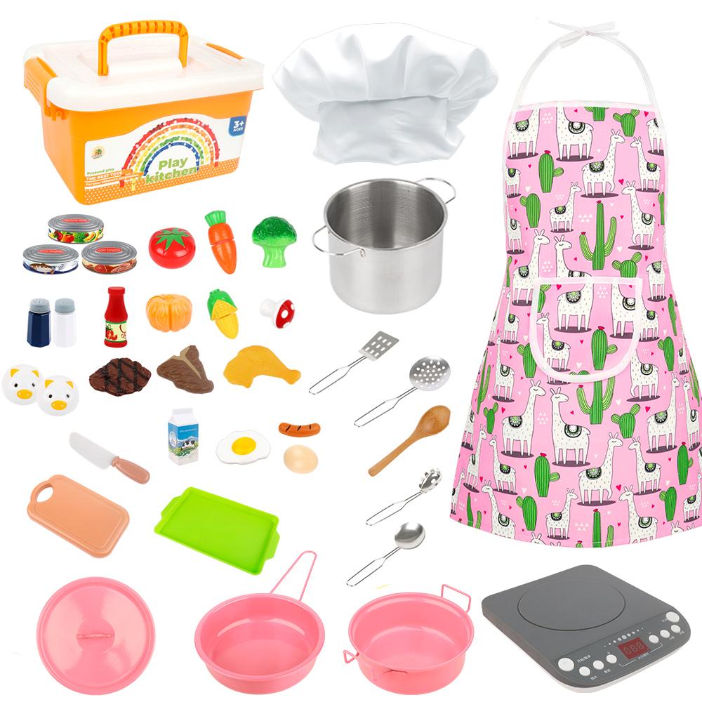 38pcs Kids Cooking Set Kitchen Toys for Kids Cooking Playset with Storage Case Pot & Pans Set Apron