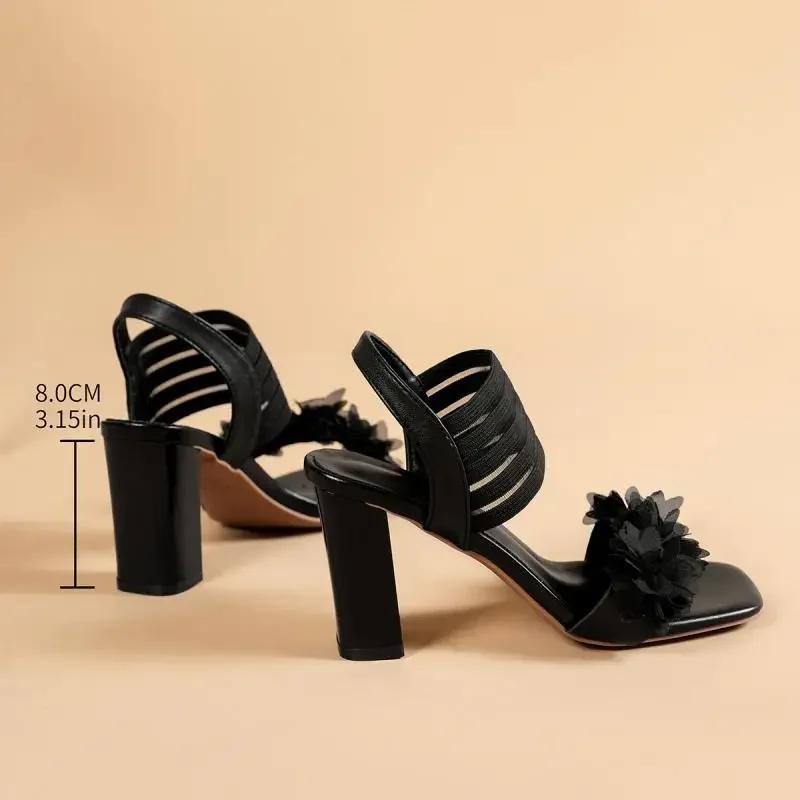 Fashion Luxury Lace Flower Decoration Slip On Black Sandals Women 2025 Summer Square Toe High Heel Sandals Fashion Beach Shoes Women