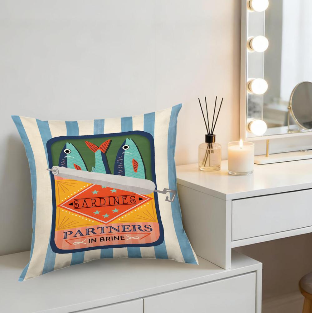 1Pc Retro Sardines Partners In Brine Cushion Cover Blue White Striped Pillowcase For Living Room Sofa Bed Decorative Throw Case