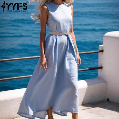 Women's Fashion Summer Spring Solid Color Print Sleeveless O-Neck High Waist Casual Dresses