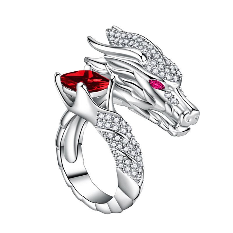 Heavy Industry Open Ring, Oriental Dragon Domineering Ring, Shiny Square Diamond Inlaid Jewelry