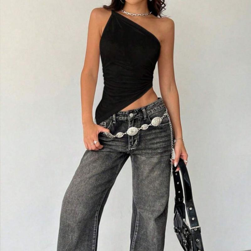 2025 New Fashionable Casual Women's T-Shirt Solid Color Single Shoulder Asymmetrical Slim Fit Top One-Piece Neck