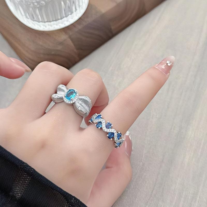 Sweet Light Luxury Sea Blue Zircon Super Flash Open Ring Niche High-End Feeling Stacking Wearing Colored Treasure Ring Woman