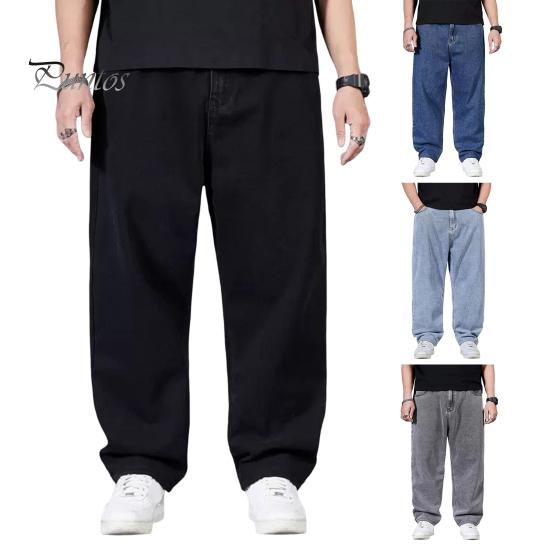 Pánské džíny s vysokým pasem, jednobarevné, sešité džínové kalhoty s kapsami, rovné, široké, dlouhé kalhoty pro každodenní nošení