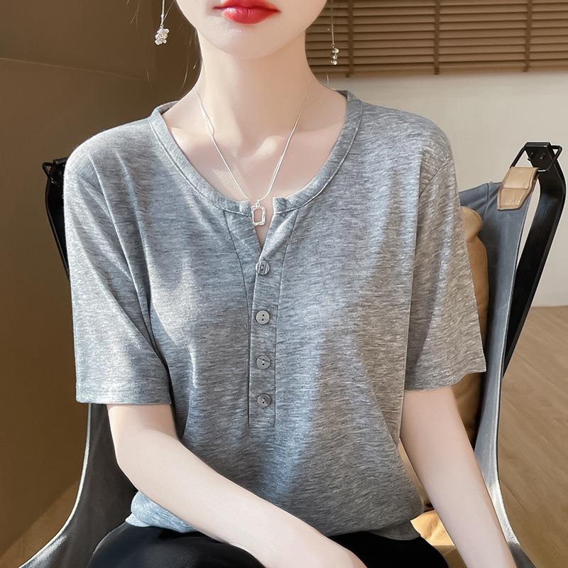 Women's Spring and Summer Thin Elegant Half Open Neck Worsted Knit Short Sleeve Casual T-Shirt Top