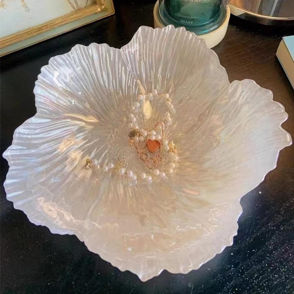 Nordic Style Flower Shape Fruit Plate Household Crystal Glass Pearlescent White Snack Storage Plate Large Capacity
