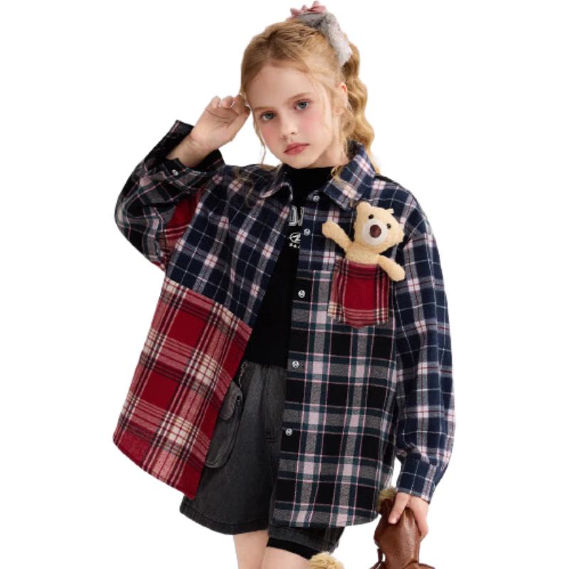 ASK JUNIOR Девочки Рубашка-куртка из байки в клетку с декором в виде медведя 130