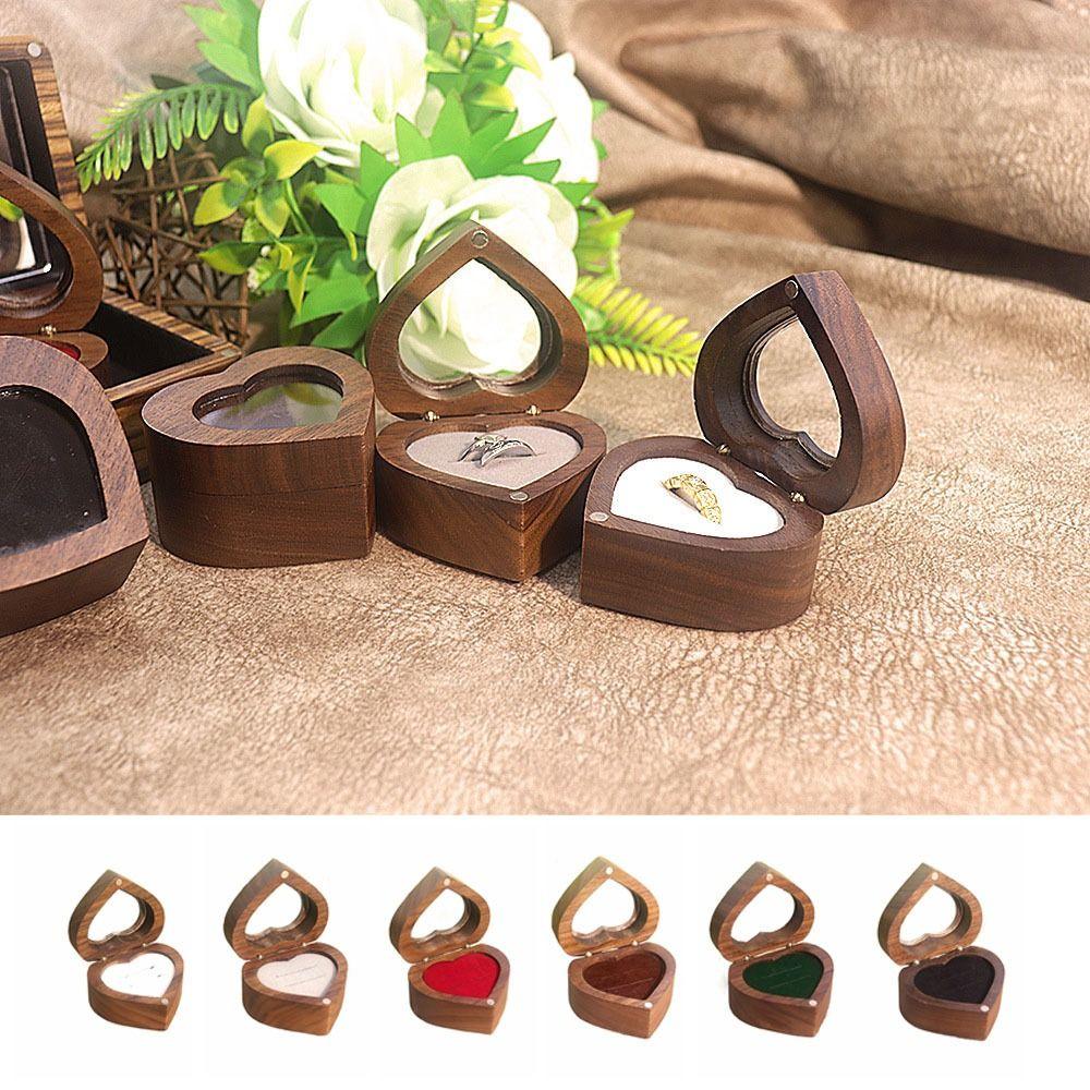 Transparent Cover Walnut Wood Rings Box 2 Slots Rings Bearer Box Simple Heart Rings Holder  Propose