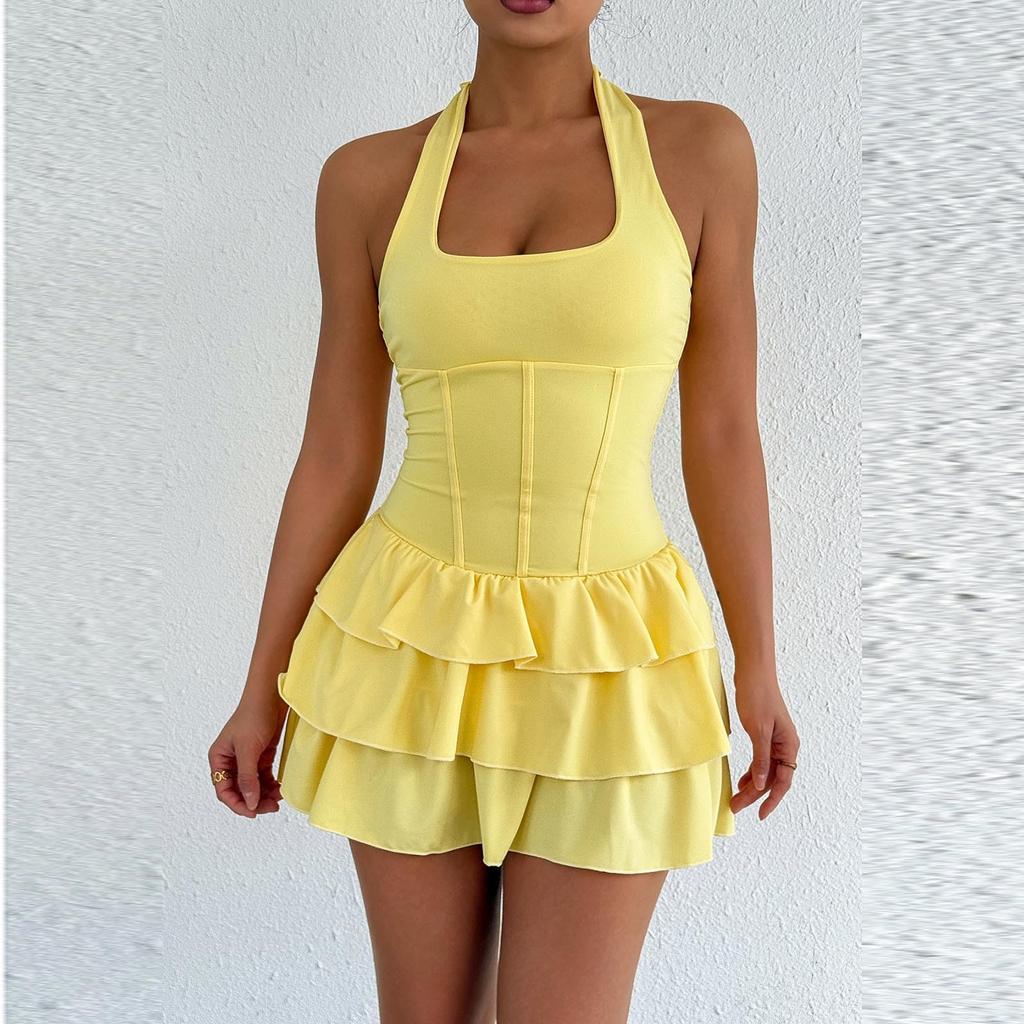 Moda Donna Colore Sexy Attillato Vestito Ruffle Corto Vestito da Festa Vestito a Spallina