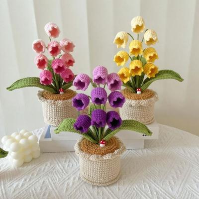 Decoración de Flor de Campana en Maceta Tejida a Crochet Adorno Floral de Punto Hecho a Mano Flor Artificial Tejida a Mano Centro de Mesa para el Hogar y la Oficina