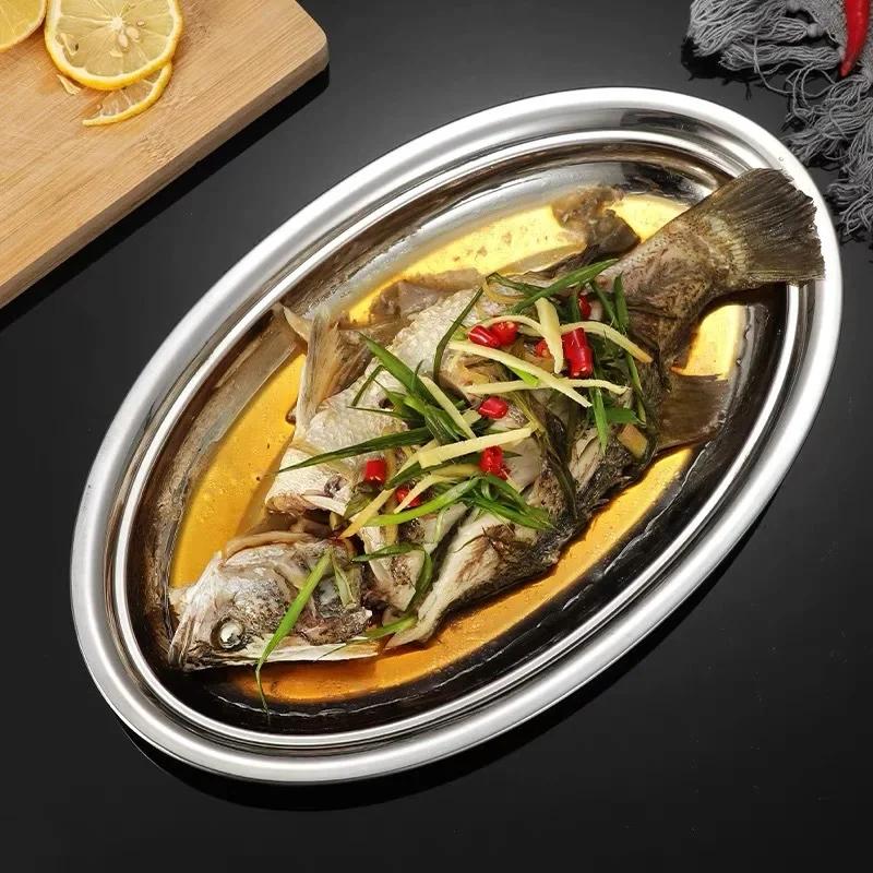Household Food Dinner Steamed Shallow Plate Dishes Kitchen Tableware Dinnerware304 Stainless Steel Oval Fish Plates