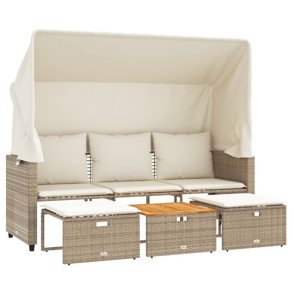Outdoor 3 Seater Sofa with Canopy and Footstools Beige Poly Rattan