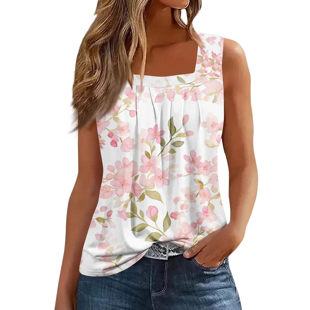 Women's Fashion Casual Pleated Square Collar Sleeveless Vest Print Summer T-shirt
