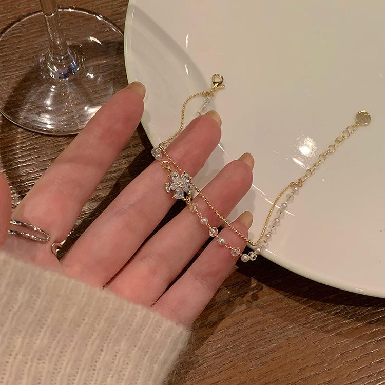 Super Flash Zircon Pearl Double-layer Flower Bracelet Raw Light Luxury Niche Jewelry