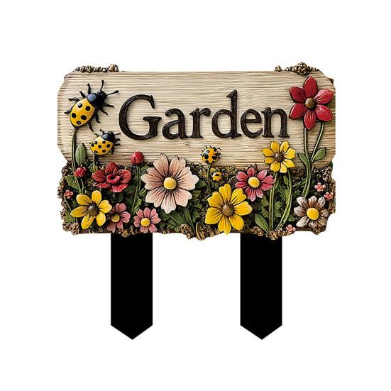 Floral Garden Sign with Stake, Farmhouse Garden Sign, Colorful Flowers Yard Art Stake, Rustic Welcome Sign for Home Garden Pathway Planter Decor