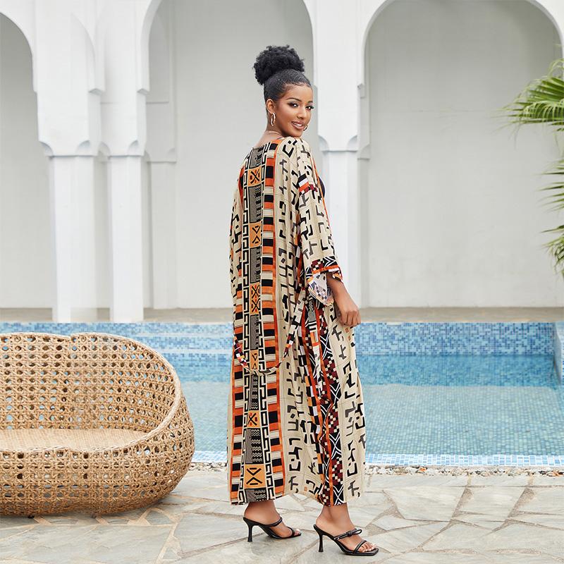 EDOLYNSA 2023 Boho Printed Bikini Cover-ups Elegant Self Belted Kimono Dress Tunic Women Plus Size Beach Wear Swim Suit Cover Up Q1228