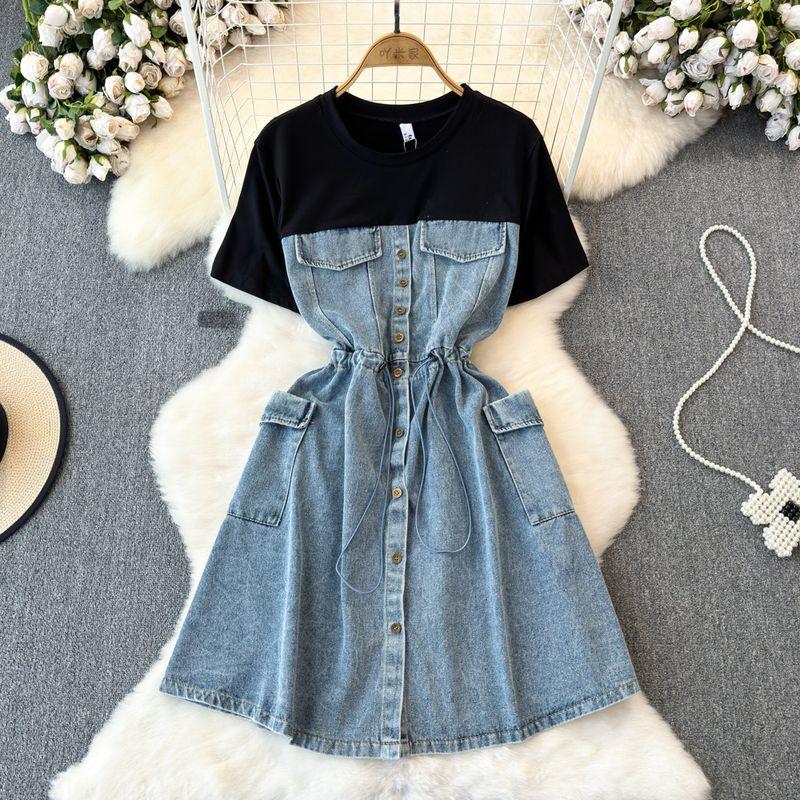 Spring and Autumn Fashion A- line Denim Dress Fake Two-Piece